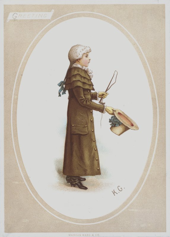 Pojke i lång brun rock, med peruk, och håller hatt och jaktpiska (färg litho) av Kate (after) Greenaway