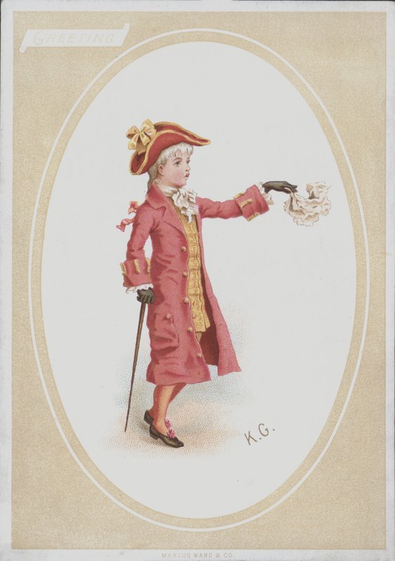 Pojke i röd kostym, viftande näsduk (färg litho) av Kate (after) Greenaway