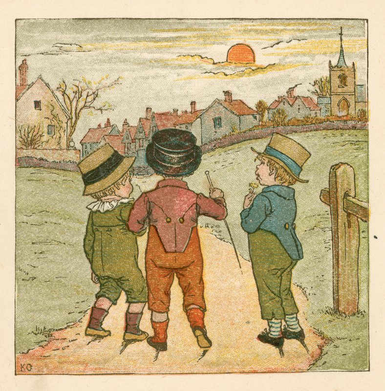 Pojkar ute på promenad (färg litho) av Kate (after) Greenaway