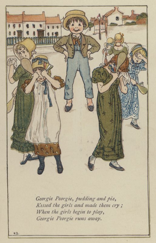 Georgie Peorgie, pudding och paj (färg litho) av Kate (after) Greenaway