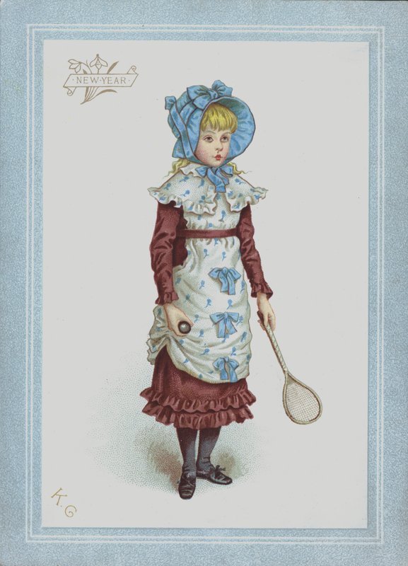 Flicka i klänning och huva, håller fjäderboll och racket (färg litho) av Kate (after) Greenaway