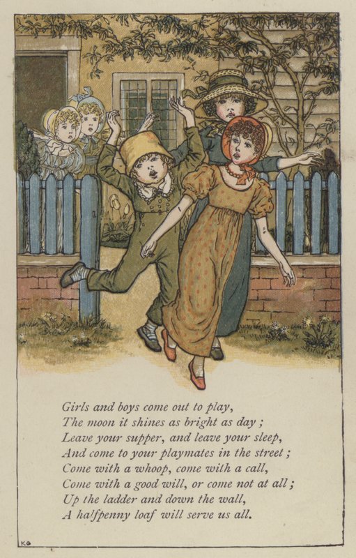 Flickor och pojkar kommer ut för att leka (färg litho) av Kate (after) Greenaway