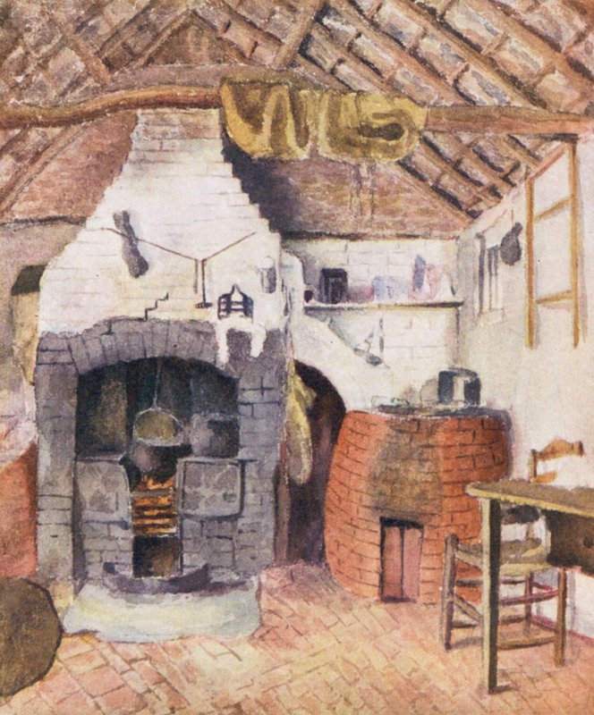 I familjen Chappells stuga i Rolleston - köket (färglitografi) av Kate (after) Greenaway