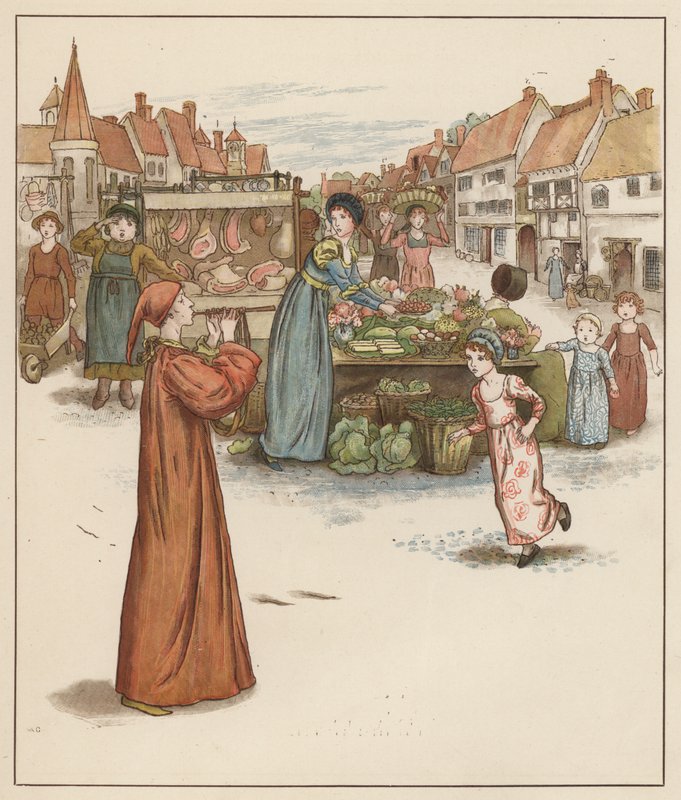 Kate Greenaway-illustration för The Pied Piper of Hamelin av Robert Browning (lito i färg) av Kate (after) Greenaway