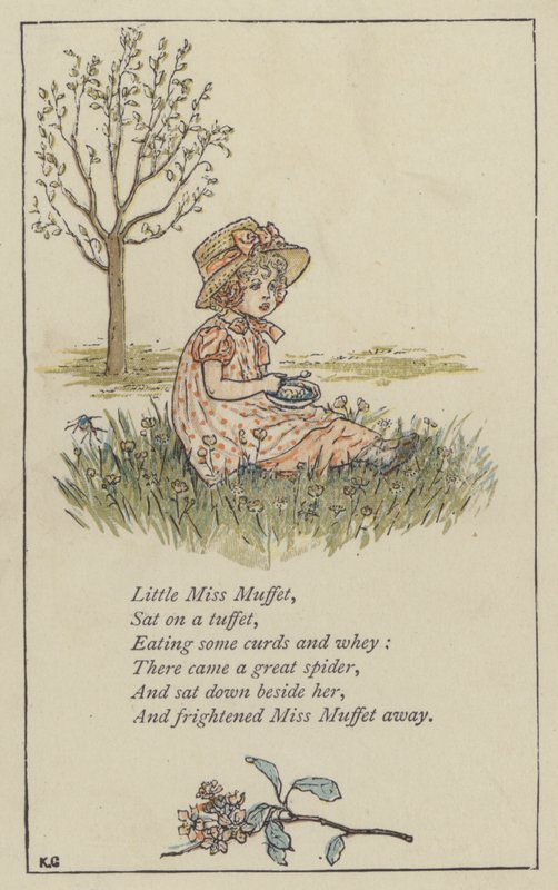 Little Miss Muffet (färg litho) av Kate (after) Greenaway