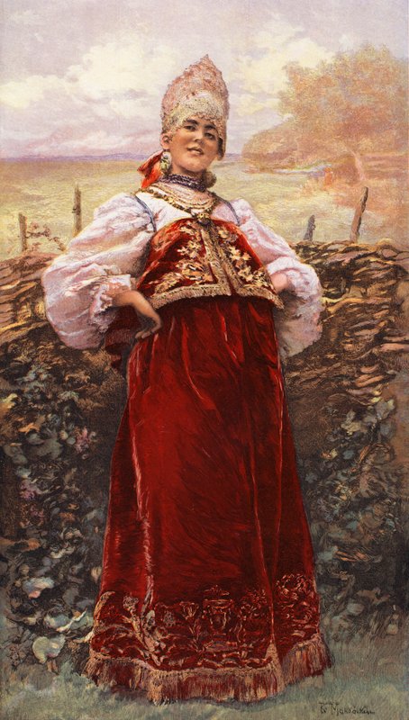 En rysk jungfru (färglitografi) av Konstantin E Makovskij