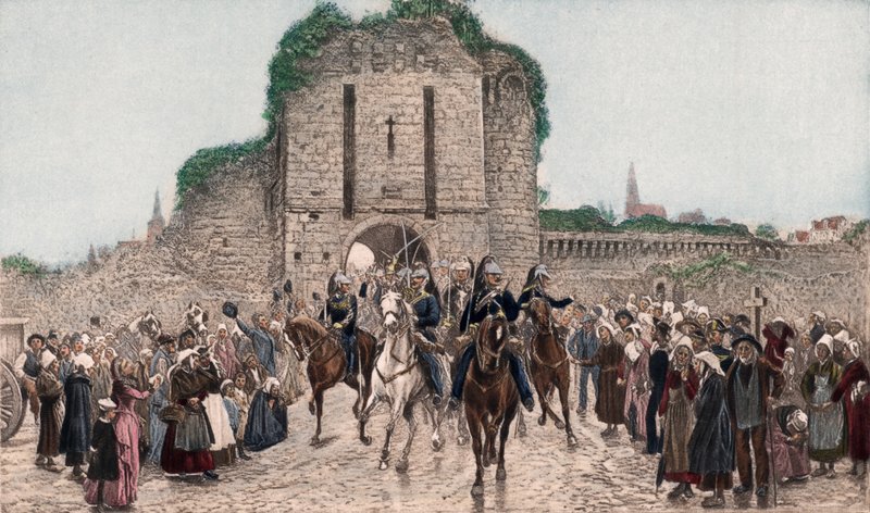 Kavalleriet lämnar en bretonsk stad (fotogravyr i färg) av Lady  Butler