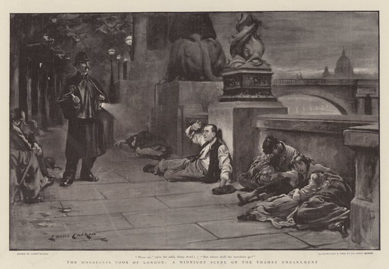 The Houseless Poor of London, en midnattsscen på Themsen Embankment av Lance Calkin