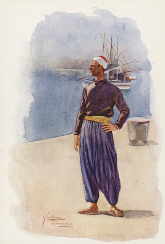 Människor i Egypten: Alexandrinska båtförare, Marakbi (färglitografi) av Lance Thackeray
