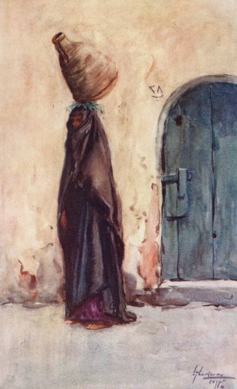 Egyptens folk: Infödingskvinna bär vattenkar, Fellaha Hamla el Belassi (färglitografi) av Lance Thackeray