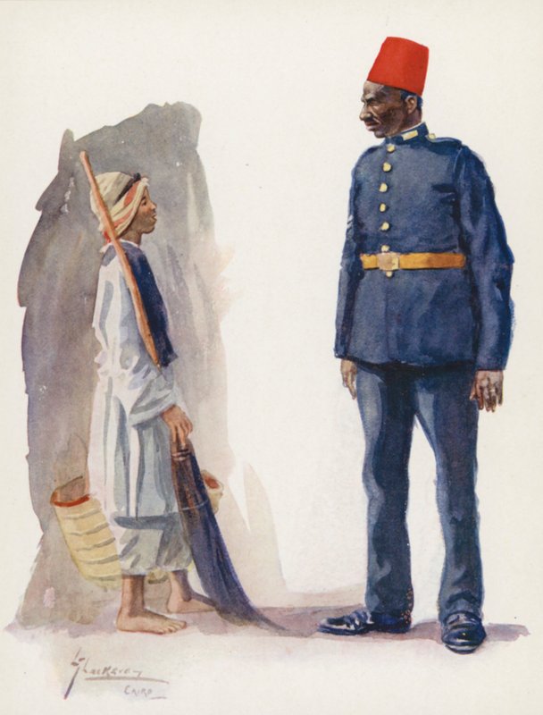 Folket i Egypten: Polisman och pojke, Ascari Balis wa waled (färglitografi) av Lance Thackeray