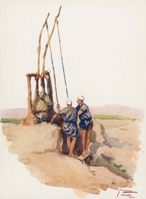 Folk i Egypten: Shadoof män, Shaddaf (färglitografi) av Lance Thackeray