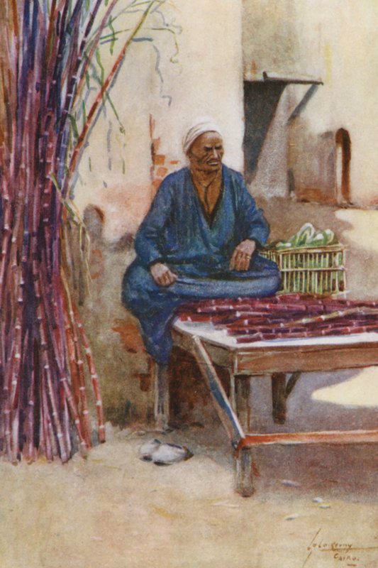 Människor i Egypten: Sockerrörsförsäljare, Baia Kasseb (färglitografi) av Lance Thackeray