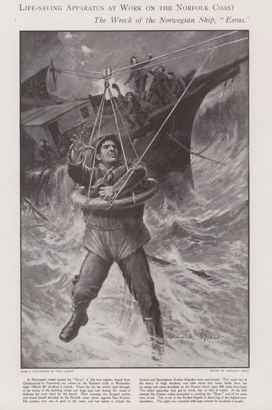 Livräddningsapparat i arbete på Norfolkkusten (litho) av Lancelot Speed