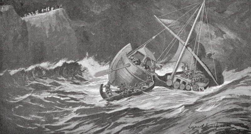 Träskeppet hamnade i en storm och munkarna kom till undsättning i små båtar (litografi) av Lancelot Speed