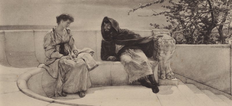 Den gamla historien (fotogravyr) av Lawrence (after) Alma Tadema