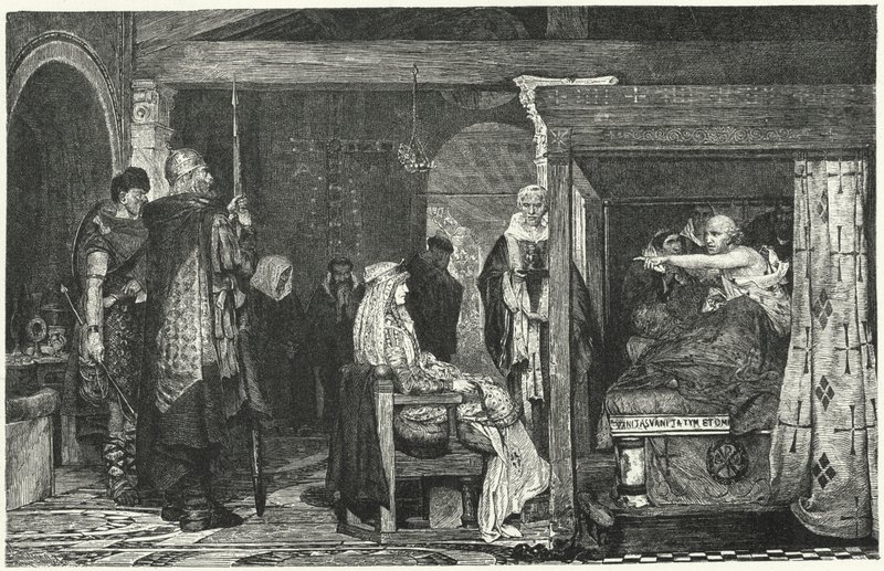Drottning Fredegund vid biskop Praetextatus dödsbädd, 586 av Lawrence Alma Tadema