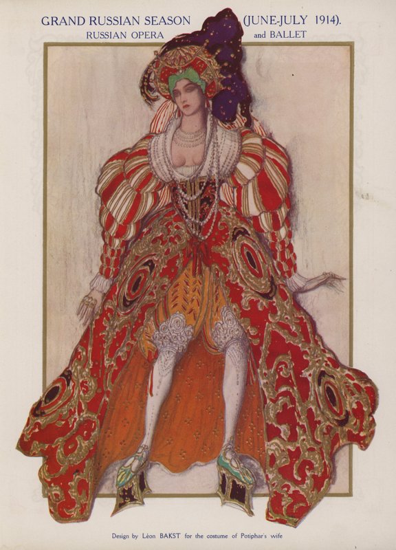 Kostymdesign av Leon Bakst för Potifars fru i en Ballets Russes-produktion av Richard Strauss balett Josephslegende (färg litho) av Leon (after) Bakst