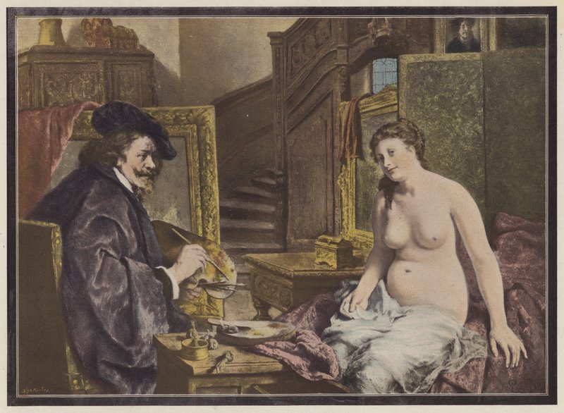 Rembrandt, holländsk konstnär på jobbet i sin ateljé (färg litho) av Leon Brunin