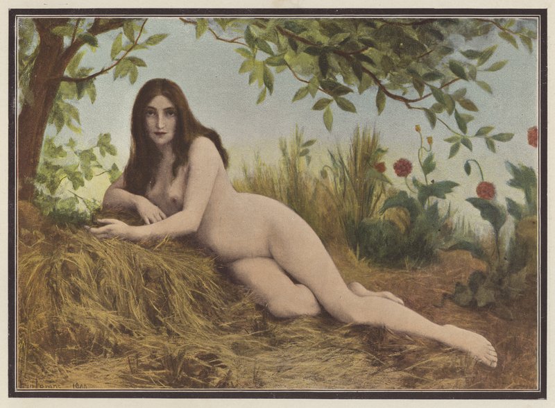 Sommar, kvinna som ligger i höet (färg litho) av Leon Printemps