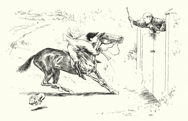 En man gick på jakt vid Reigate och ville hoppa över en hög grind (gravyr) av Leonard Leslie Brooke