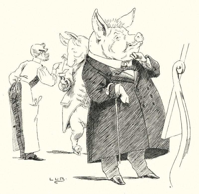 Frisör, frisör, raka en gris; hur många hårstrån gör en peruk? (gravyr) av Leonard Leslie Brooke