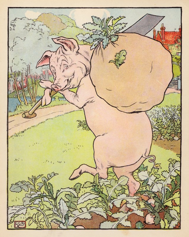 Illustration till De tre små grisarna (färglitografi) av Leonard Leslie Brooke
