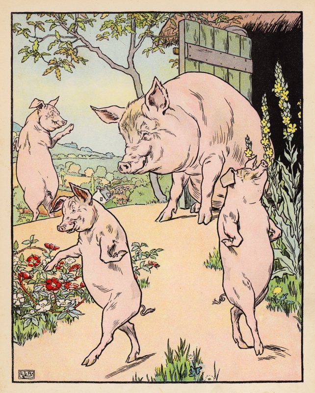 Illustration till De tre små grisarna (färglitografi) av Leonard Leslie Brooke