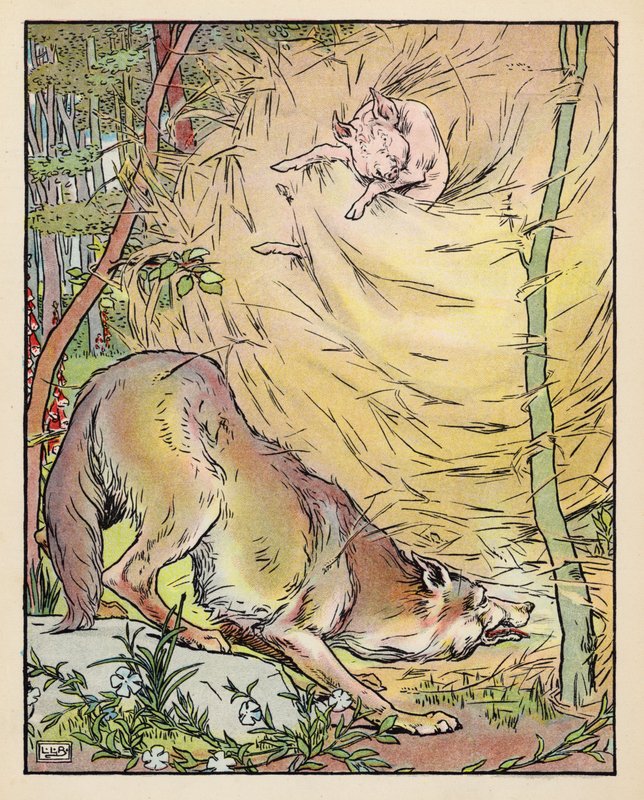Illustration till De tre små grisarna (färglitografi) av Leonard Leslie Brooke
