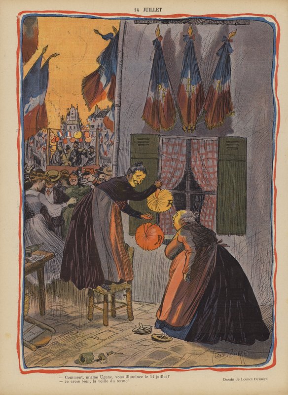 14 juli. Illustration för Le Rire av Leonce Burret