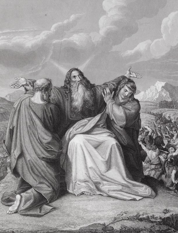 Moses håller upp sina händer, Andra Moseboken, kap 17, v 12 (gravyr) av Leopold Kupelwieser