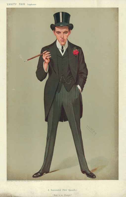 Mr F E Smith, A Successful First Speech, Moab is my Washpot, 16 januari 1907, Vanity Fair tecknad film av Leslie Matthew Ward