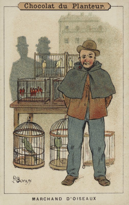 Fågelhandlare (chromolitho) av Louis Borgex