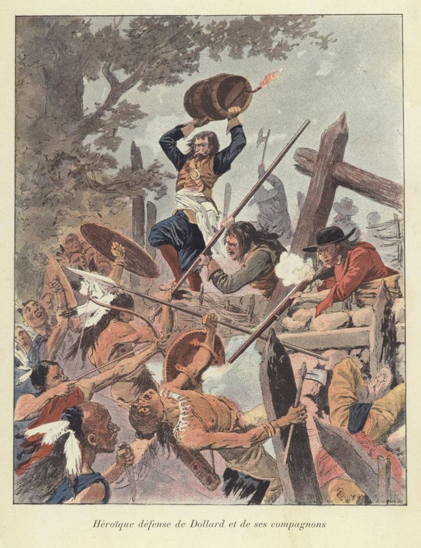Adam Dollard och hans följeslagare kämpar mot Iroquois i slaget vid Long Sault, Kanada, 1660 av Louis Charles Bombled