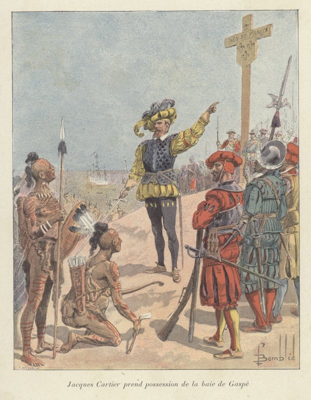 Jacques Cartier hävdar att han är fransk ägare till Gaspe Bay i Kanada, 1534 av Louis Charles Bombled