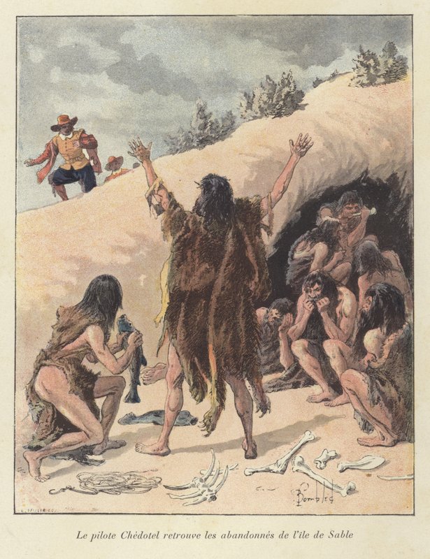 Lotsen Chedotel hittar de överlevande medlemmarna av den franska kolonin på Ile de Sable, Kanada, omkring år 1600. av Louis Charles Bombled