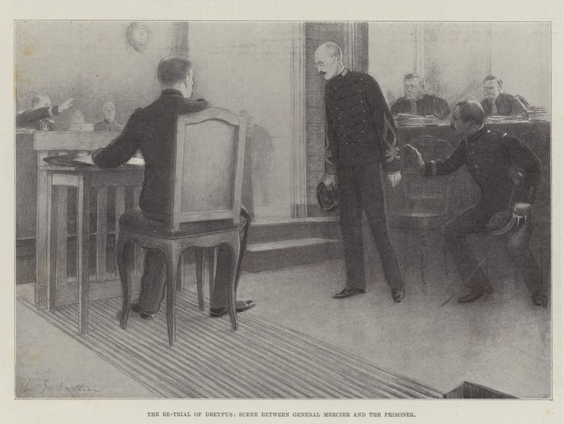 Den nya rättegången mot Dreyfus, scen mellan general Mercier och fången av Louis Remy Sabattier