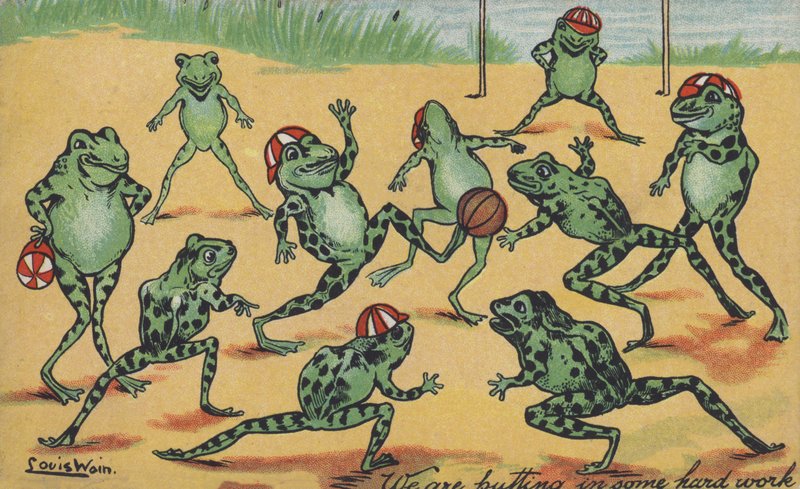 Grodor som spelar fotboll av Louis Wain