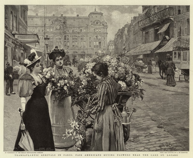 Transatlantiska ankomster till Paris, rättvisa amerikaner som köper blommor nära Gare St Lazare av Louis de Schryver