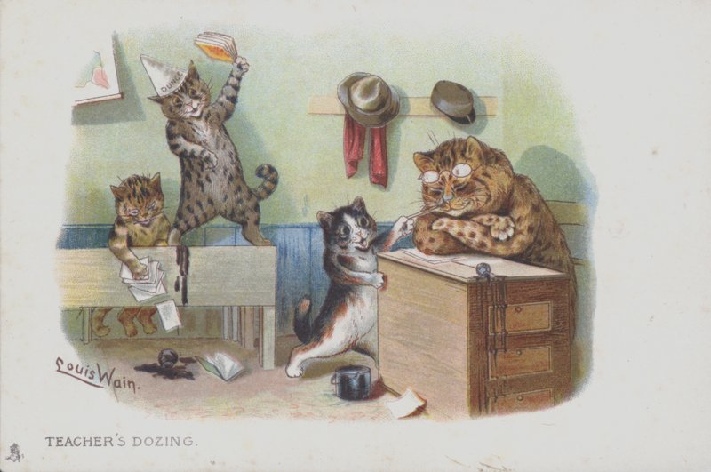 Katter i ett klassrum: läraren slumrar och därför beter sig eleverna illa (chromolitho) av Louis (after) Wain