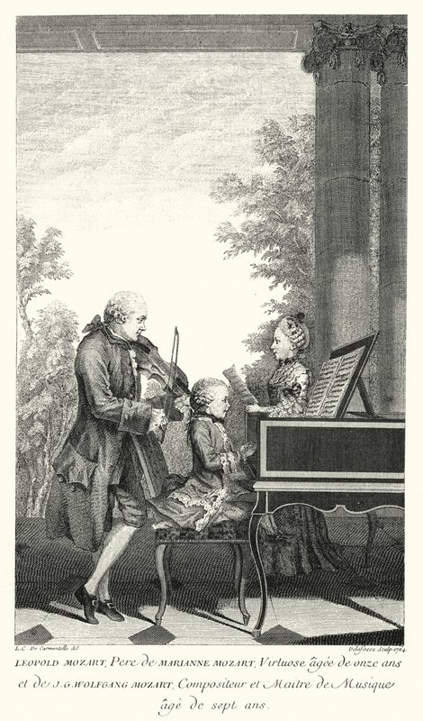 Leopold Mozart spelar musik med sin dotter Marianne och son Wolfgang (gravyr) av Louis Carrogis (after) Carmontelle