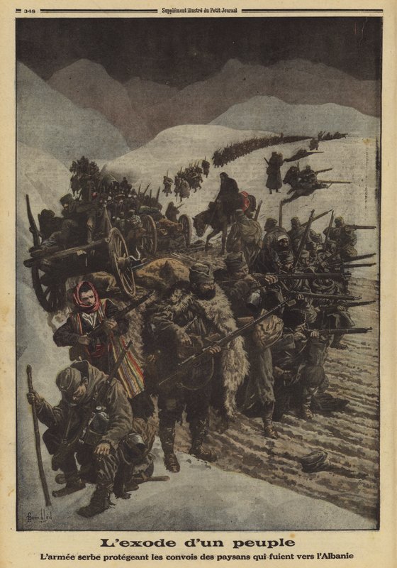 Exodus of a people: den serbiska armén skyddar en kolonn av bönder som flyr till Albanien, första världskriget av Louis Charles (after) Bombled