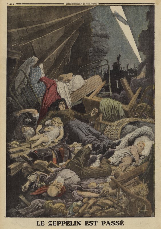 Familj dödades i ett bombräd av en tysk zeppelinare, första världskriget, 1916 (färg litho) av Louis Charles (after) Bombled