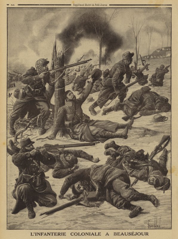 Franska koloniala infanteristrider vid Beausejour, första världskriget av Louis Charles (after) Bombled