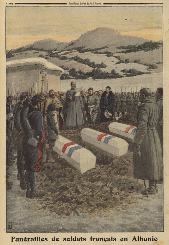 Begravning av franska soldater som dog i Albanien under reträtten från Serbien, första världskriget av Louis Charles (after) Bombled