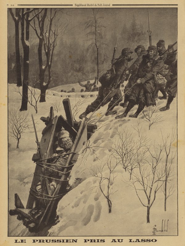 Tysk soldat i en vaktlåda fångad av franska Chasseurs Alpins med hjälp av ett lasso, första världskriget av Louis Charles (after) Bombled
