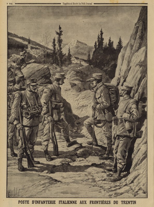 Italiensk infanteripost på gränsen till Trentino, första världskriget av Louis Charles (after) Bombled