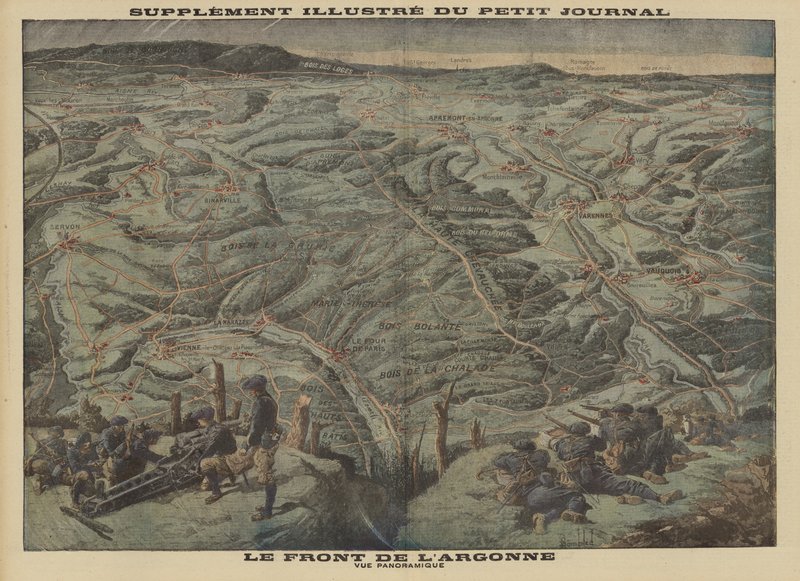Panoramaudsigt over Argonne Forest esctor of the Western Front, World War Iswed av Louis Charles (after) Bombled