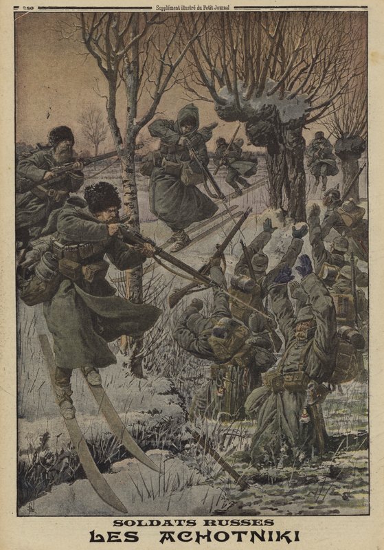 Ryska soldater på skidor som fångar en grupp tyskar, första världskriget av Louis Charles (after) Bombled