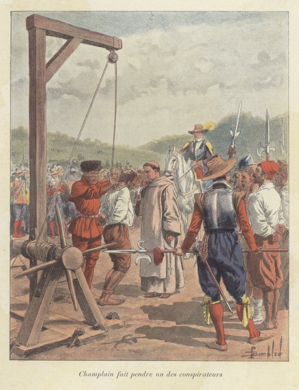 Samuel de Champlain hänger en konspiratör, Kanada, 1600-talet av Louis Charles Bombled